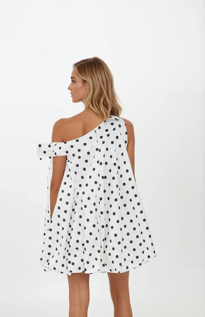 Peach White Polka Bow Dress