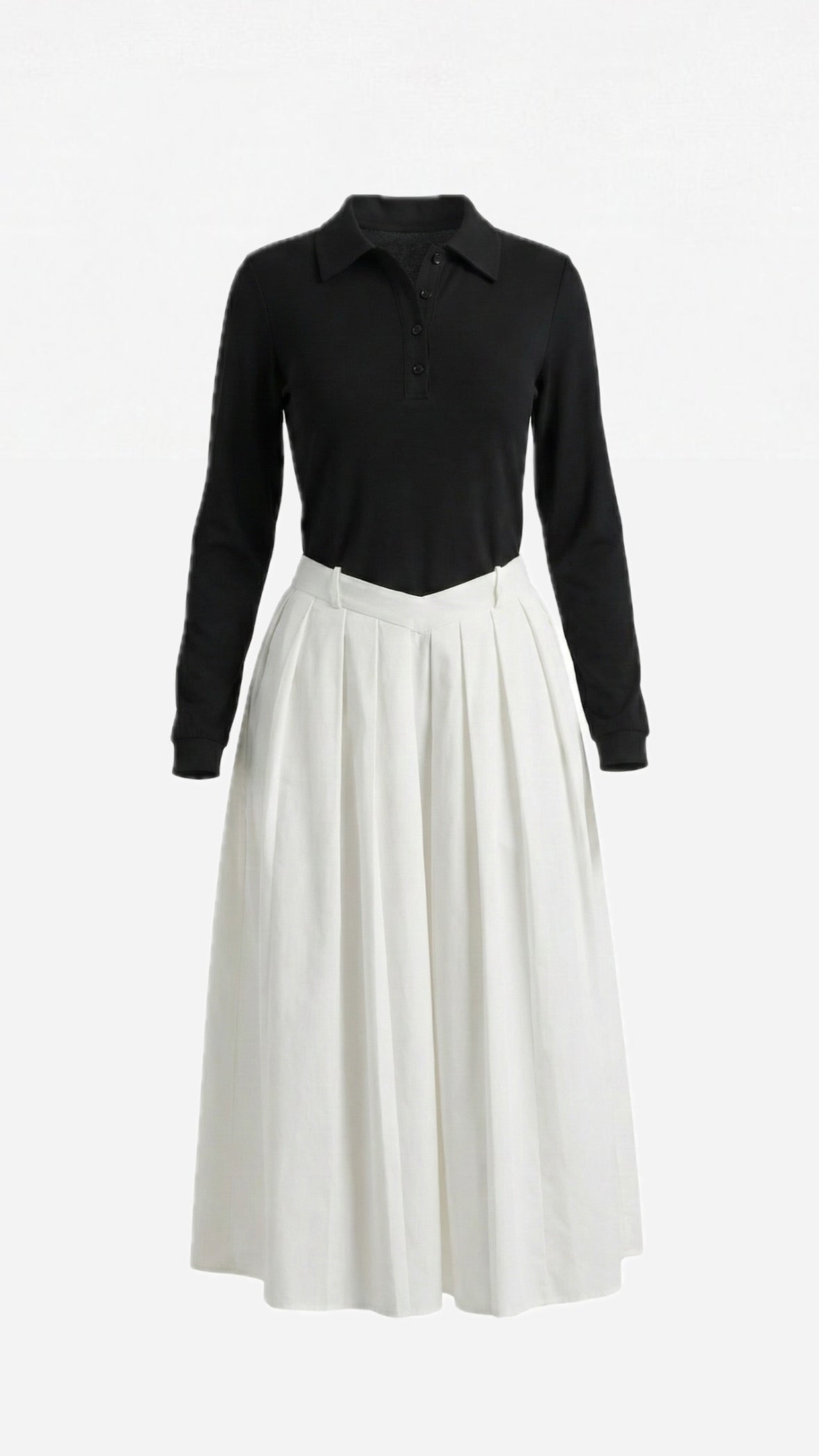 Front view of the Elexiay Sonia Dress featuring a black knit polo bodice and a high-contrast white pleated midi skirt.