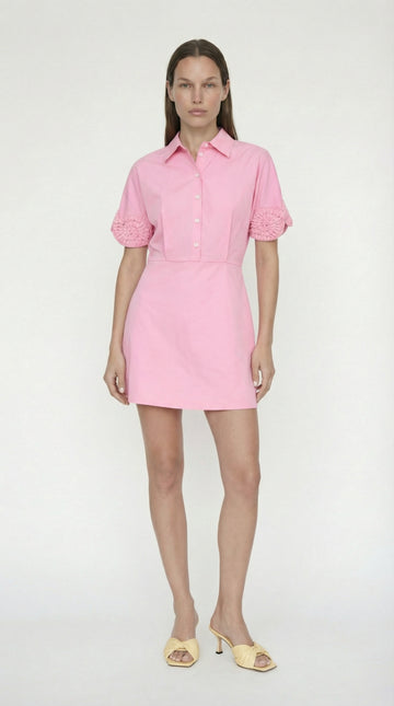 Front view of the Elexiay Ebube mini dress featuring a sharp collared neckline and a partial button placket in lightweight pink cotton poplin.