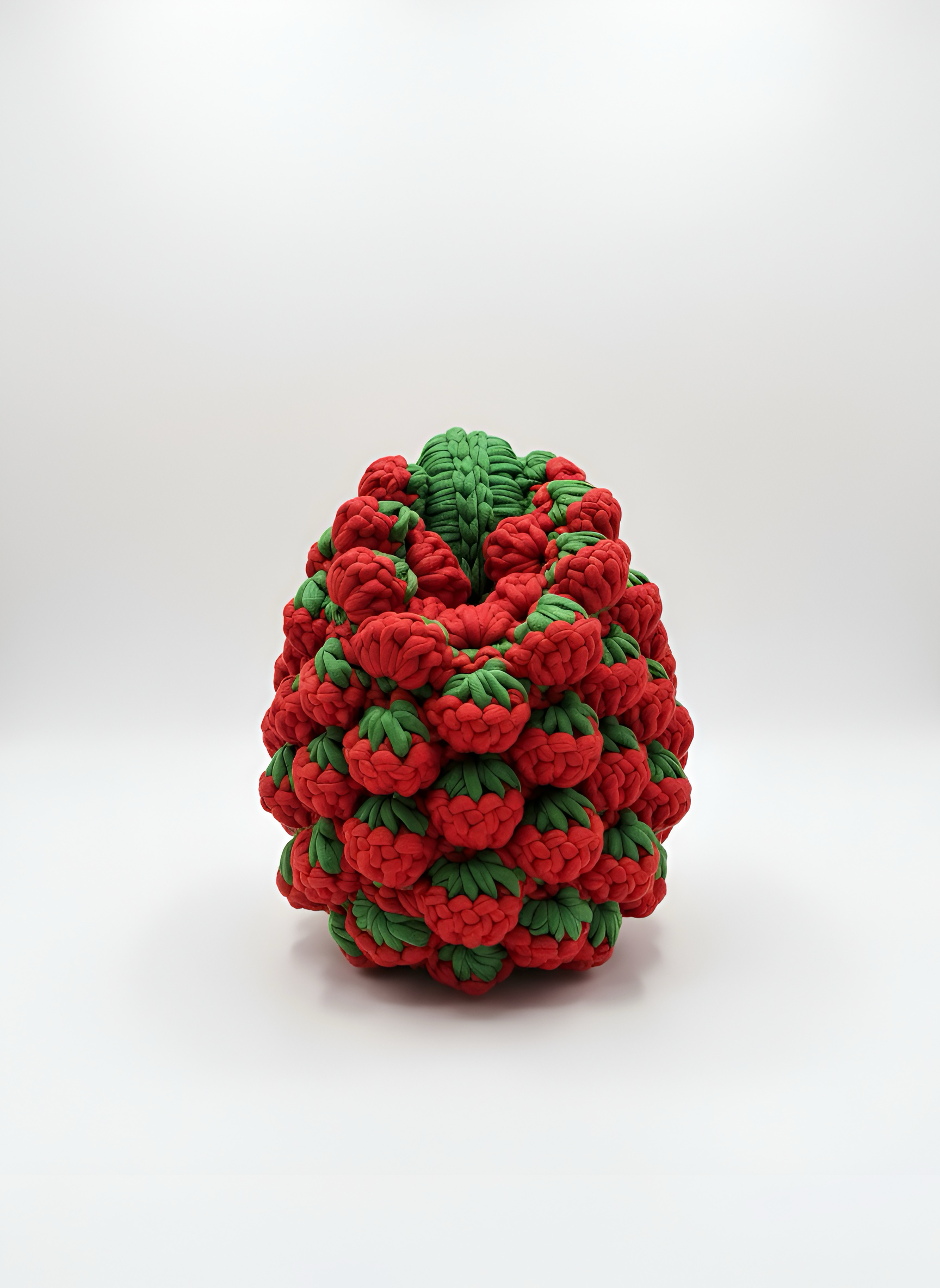 Close-up of handmade 3D strawberry bobble crochet texture on red and green knit clutch bag by Elexiay