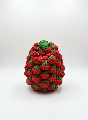 Close-up of handmade 3D strawberry bobble crochet texture on red and green knit clutch bag by Elexiay