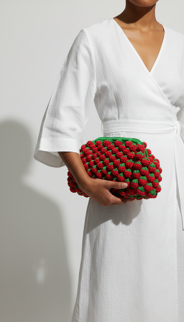 Model holding handmade vacation unique strawberry crochet clutch bag, red 3D bobble knit purse with green leaf detail, made in Nigeria by Elexiay