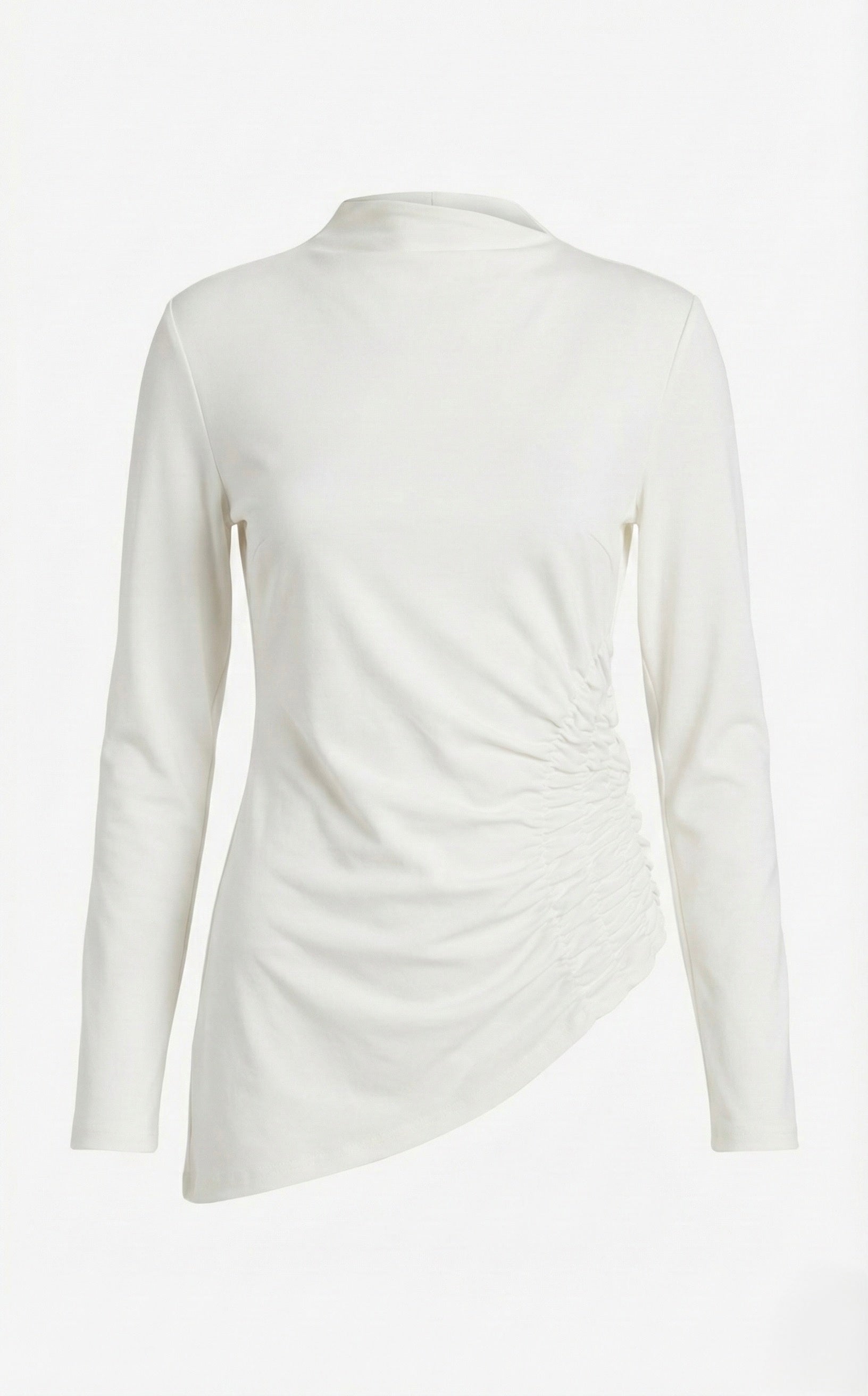 Front view of the Elexiay Toni Shirt, an off-white mock neck top featuring an asymmetrical hem and side ruching.